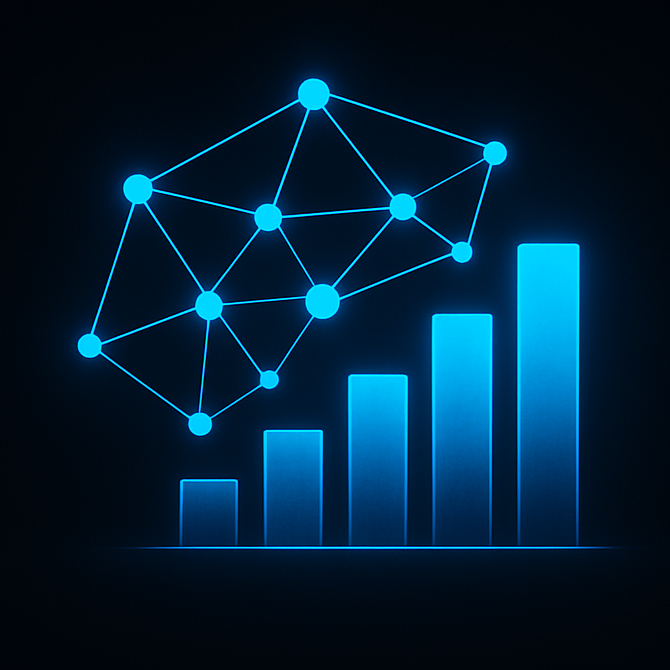 A blue neon graph with ascending bars and a network of nodes above it, set against a dark background.