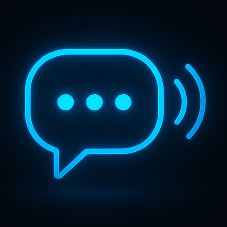 A glowing blue speech bubble icon with ellipsis inside, symbolizing communication or messaging.