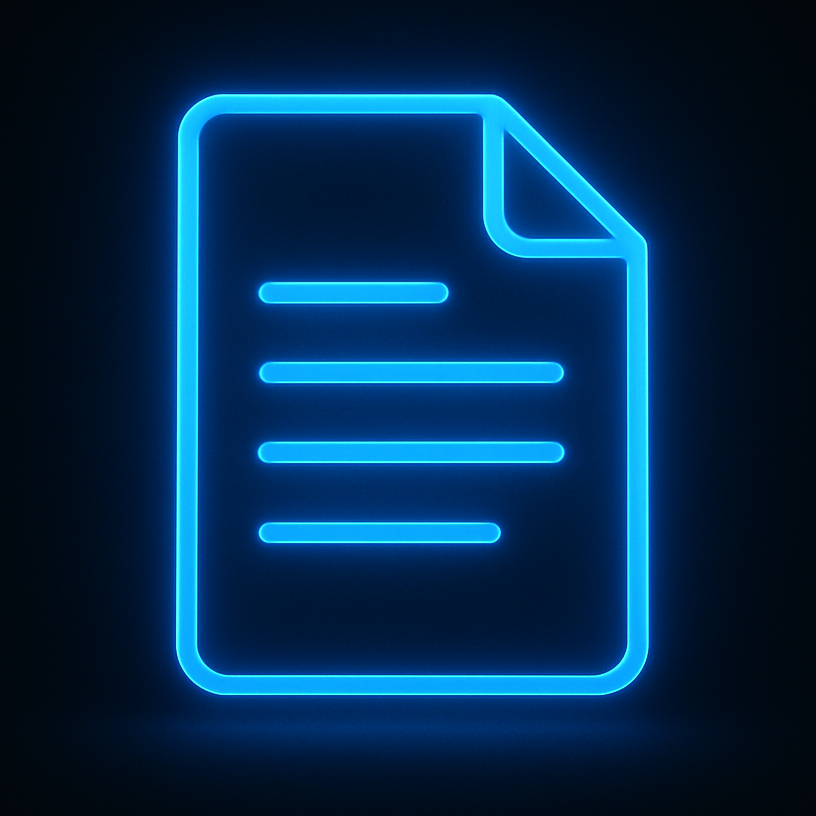 A glowing blue outline of a document with lines representing text, set against a dark background.