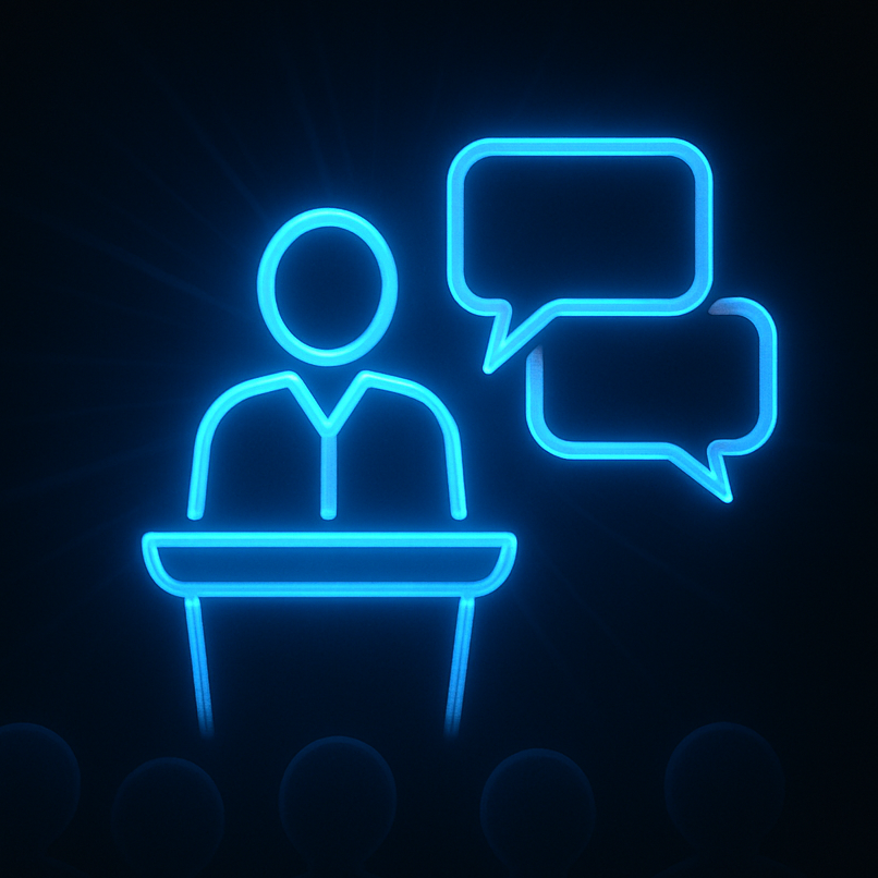 Neon illustration of a speaker at a podium with dialogue bubbles, symbolizing communication or presentations.